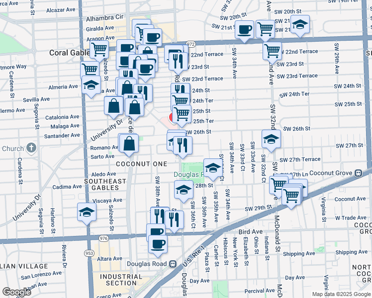 map of restaurants, bars, coffee shops, grocery stores, and more near 3635 Southwest 27th Street in Miami