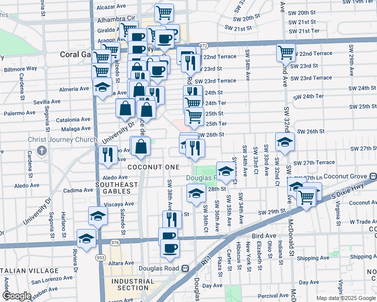 map of restaurants, bars, coffee shops, grocery stores, and more near 2660 Southwest 37th Avenue in Miami