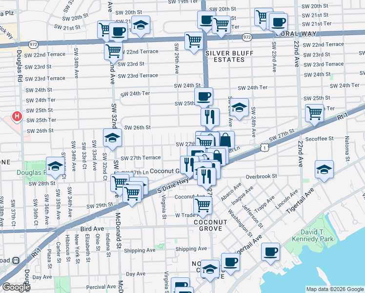 map of restaurants, bars, coffee shops, grocery stores, and more near 2721 Southwest 28th Court in Miami