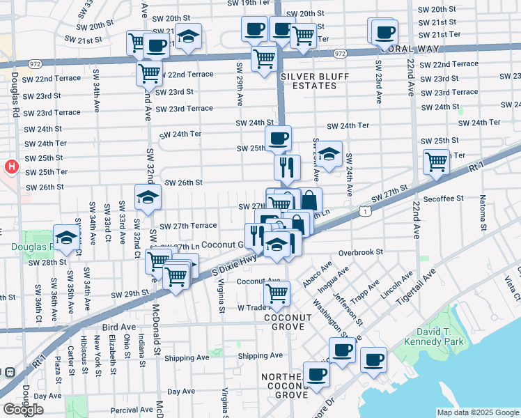 map of restaurants, bars, coffee shops, grocery stores, and more near 2721 Southwest 28th Court in Miami