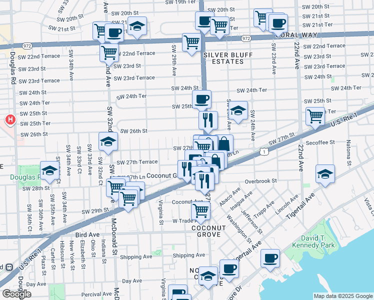 map of restaurants, bars, coffee shops, grocery stores, and more near 2721 Southwest 28th Court in Miami
