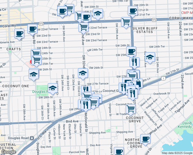 map of restaurants, bars, coffee shops, grocery stores, and more near 3110 Southwest 27th Street in Miami