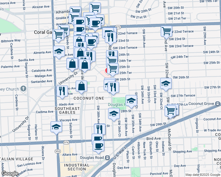 map of restaurants, bars, coffee shops, grocery stores, and more near 2660 Southwest 37th Avenue in Miami
