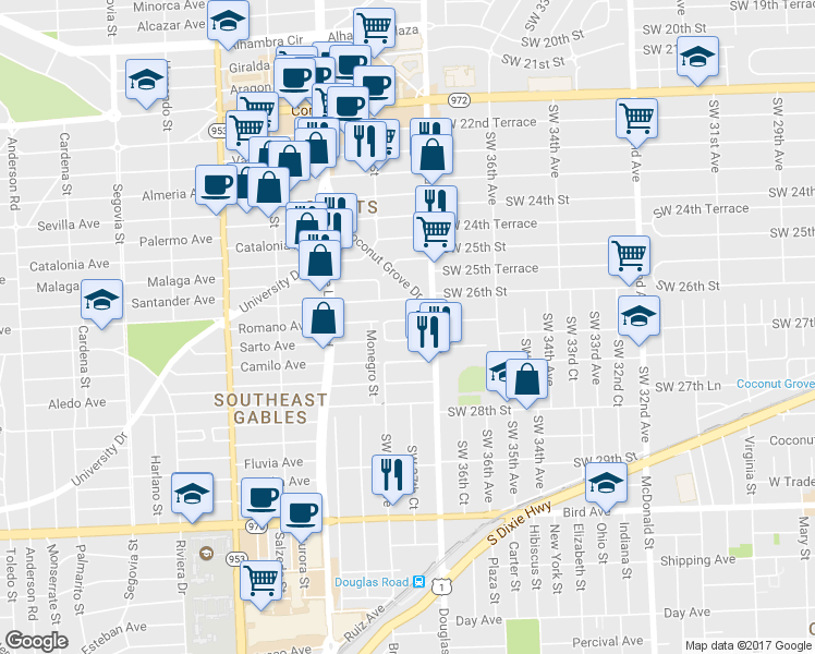 map of restaurants, bars, coffee shops, grocery stores, and more near 3783 Southwest 27th Street in Miami