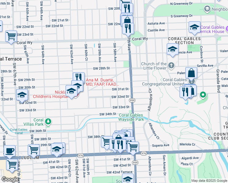 map of restaurants, bars, coffee shops, grocery stores, and more near 5801 Southwest 32nd Street in Miami