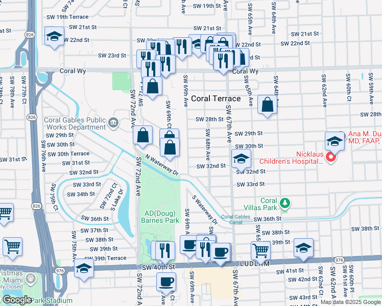 map of restaurants, bars, coffee shops, grocery stores, and more near 3040 Southwest 69th Avenue in Miami