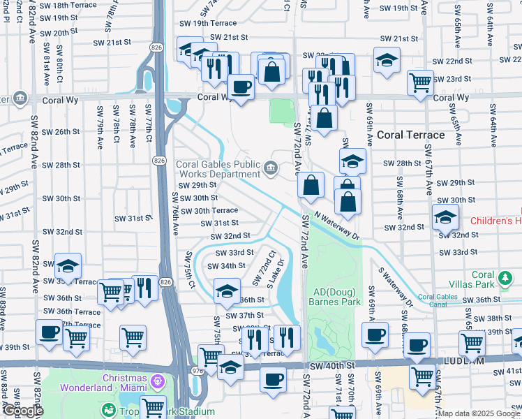 map of restaurants, bars, coffee shops, grocery stores, and more near 7290 South Waterway Drive in Miami