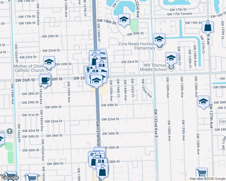 map of restaurants, bars, coffee shops, grocery stores, and more near 13466 Southwest 28th Street in Miami