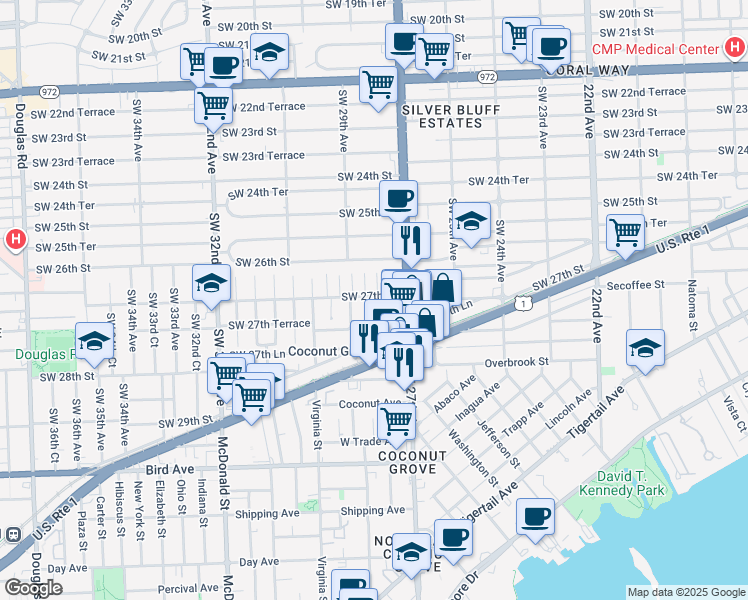 map of restaurants, bars, coffee shops, grocery stores, and more near 2800 Southwest 27th Street in Miami