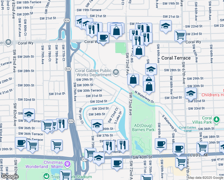 map of restaurants, bars, coffee shops, grocery stores, and more near 7290 South Waterway Drive in Miami