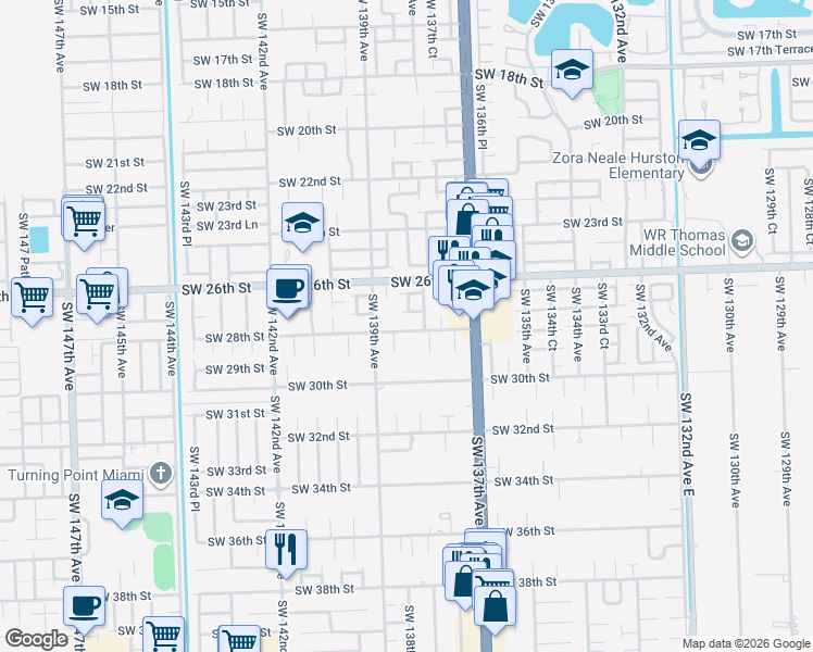 map of restaurants, bars, coffee shops, grocery stores, and more near 2804 Southwest 138th Path in Miami