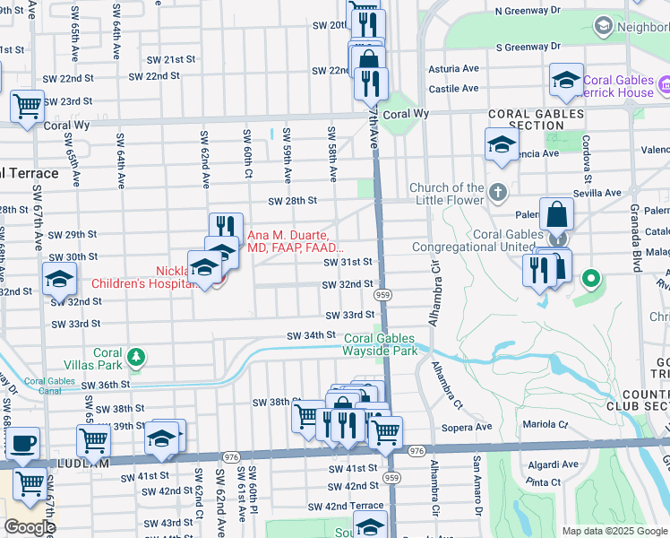 map of restaurants, bars, coffee shops, grocery stores, and more near 5801 Southwest 32nd Street in Miami