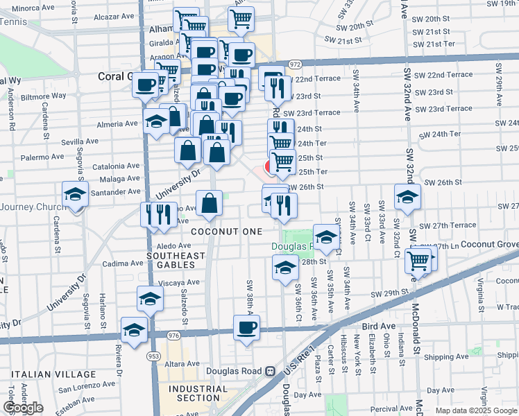 map of restaurants, bars, coffee shops, grocery stores, and more near 3783 Southwest 27th Street in Miami