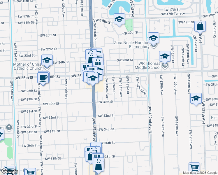 map of restaurants, bars, coffee shops, grocery stores, and more near 13466 Southwest 28th Street in Miami