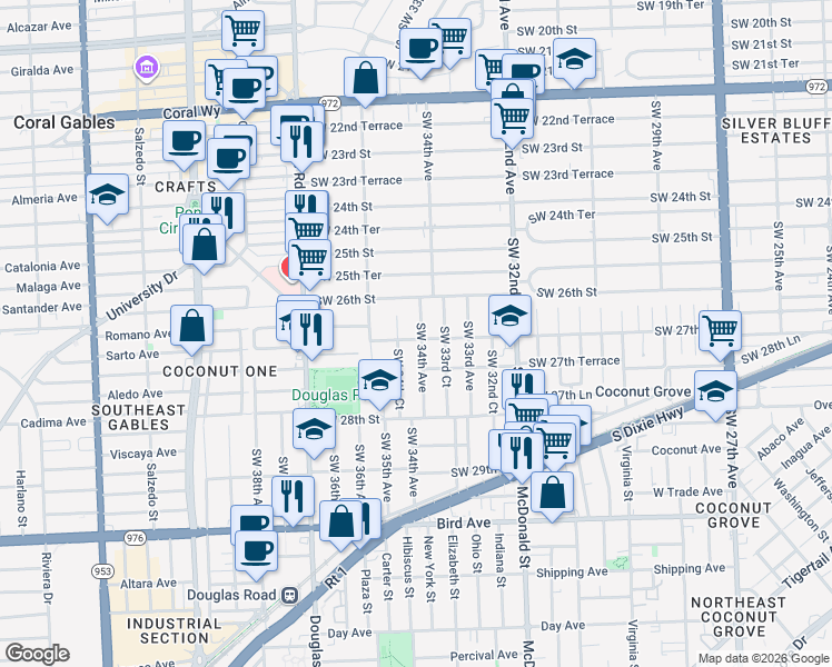 map of restaurants, bars, coffee shops, grocery stores, and more near 3400-3402 Southwest 27th Street in Miami