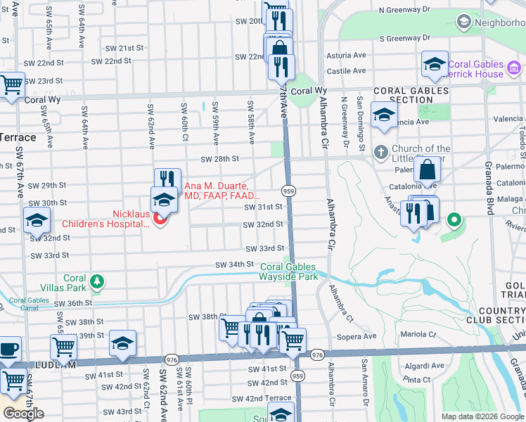 map of restaurants, bars, coffee shops, grocery stores, and more near 5772 Southwest 31st Street in Miami