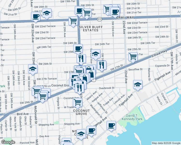 map of restaurants, bars, coffee shops, grocery stores, and more near 2530 Southwest 27th Street in Miami