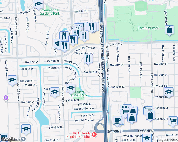 map of restaurants, bars, coffee shops, grocery stores, and more near 11780 Southwest 30th Street in Miami