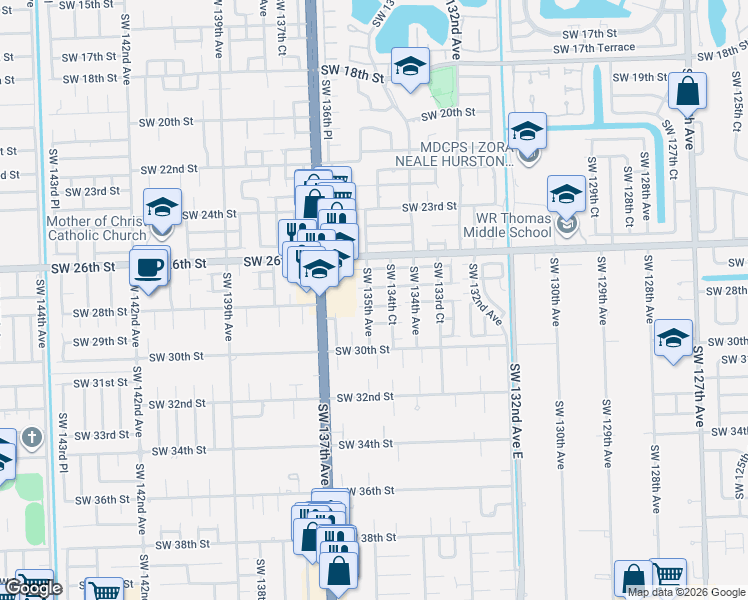 map of restaurants, bars, coffee shops, grocery stores, and more near 13466 Southwest 28th Street in Miami