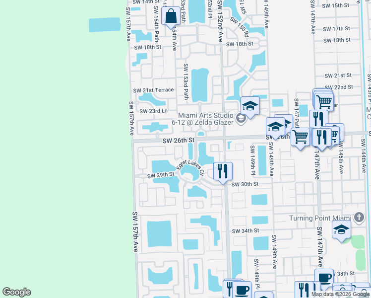 map of restaurants, bars, coffee shops, grocery stores, and more near 2701 Southwest 153rd Path in Miami