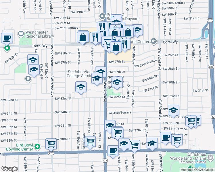 map of restaurants, bars, coffee shops, grocery stores, and more near 8675 Southwest 30th Street in Miami