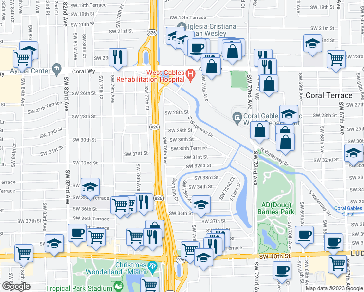 map of restaurants, bars, coffee shops, grocery stores, and more near 7535 Southwest 30th Terrace in Miami