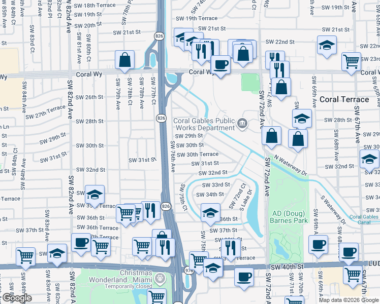 map of restaurants, bars, coffee shops, grocery stores, and more near 7535 Southwest 30th Terrace in Miami