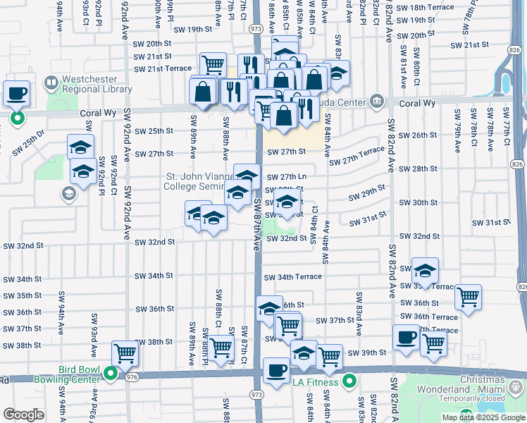 map of restaurants, bars, coffee shops, grocery stores, and more near 8675 Southwest 30th Street in Miami
