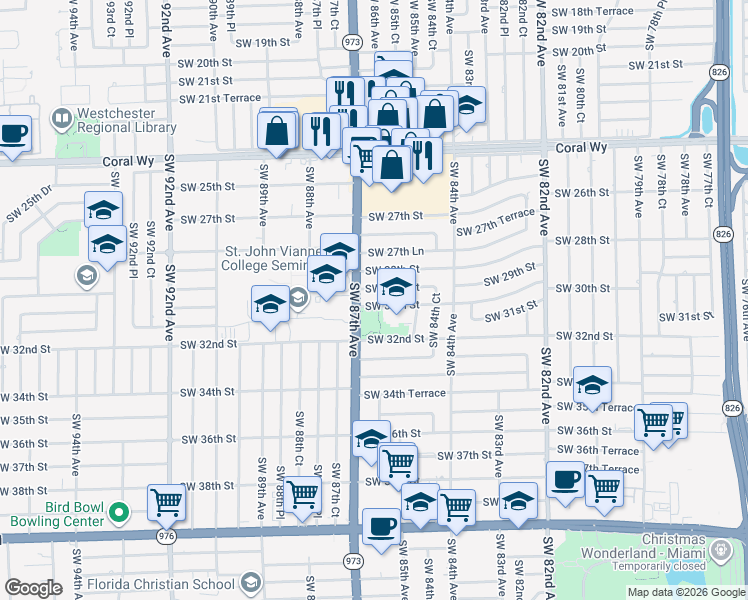 map of restaurants, bars, coffee shops, grocery stores, and more near 8675 Southwest 30th Street in Miami