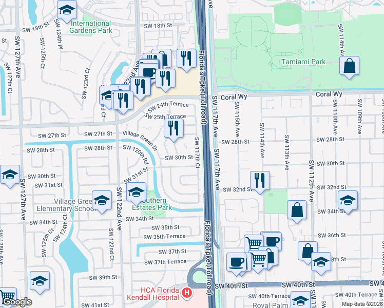map of restaurants, bars, coffee shops, grocery stores, and more near 11780 Southwest 30th Street in Miami