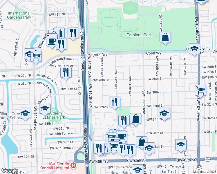 map of restaurants, bars, coffee shops, grocery stores, and more near 11452 Southwest 28th Terrace in Miami