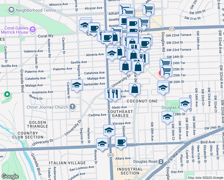 map of restaurants, bars, coffee shops, grocery stores, and more near 3225 South Le Jeune Road in Coral Gables