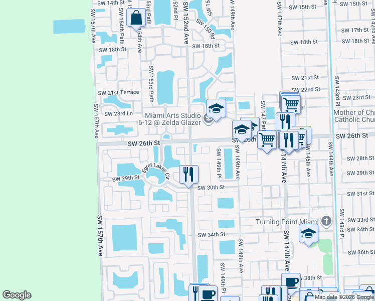 map of restaurants, bars, coffee shops, grocery stores, and more near 2711 Southwest 152nd Court in Miami
