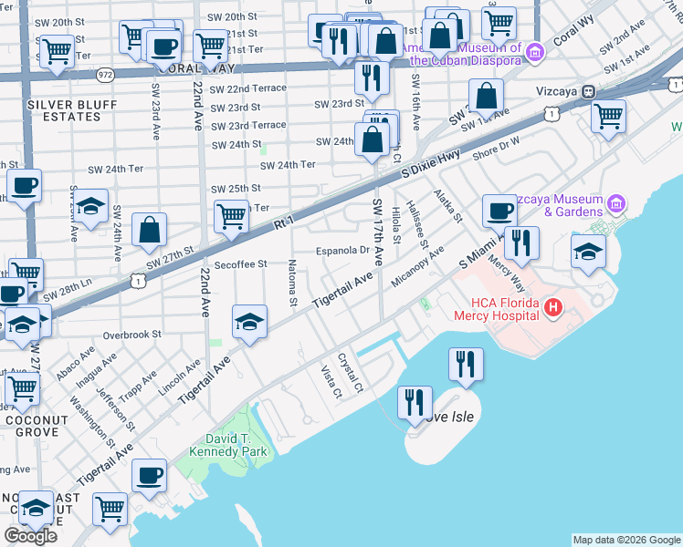 map of restaurants, bars, coffee shops, grocery stores, and more near 1750 Tigertail Avenue in Miami