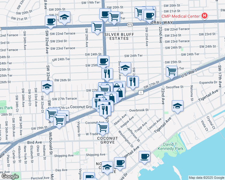 map of restaurants, bars, coffee shops, grocery stores, and more near 2530 Southwest 27th Street in Miami