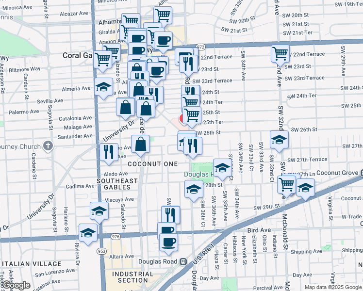 map of restaurants, bars, coffee shops, grocery stores, and more near 2660 Southwest 37th Avenue in Miami
