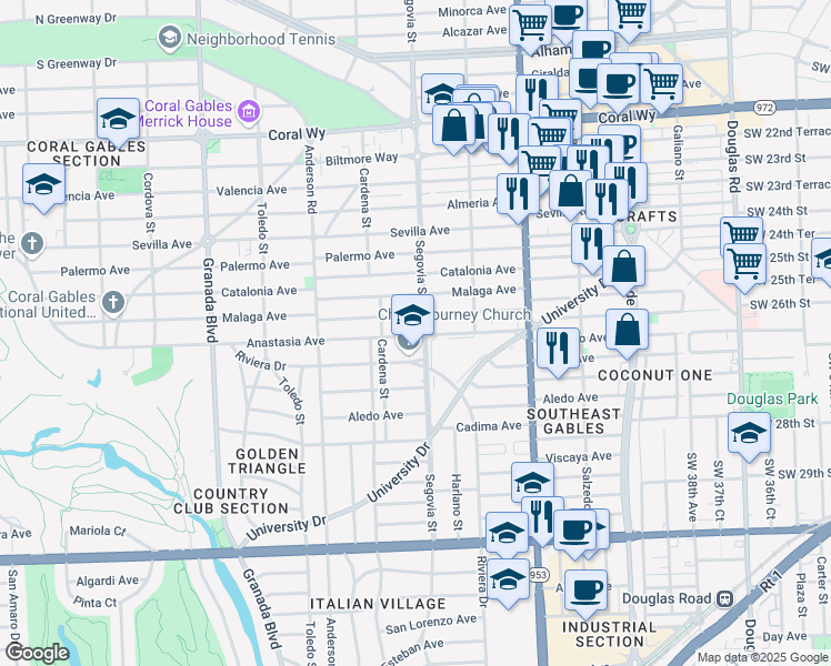 map of restaurants, bars, coffee shops, grocery stores, and more near 610 Anastasia Avenue in Coral Gables