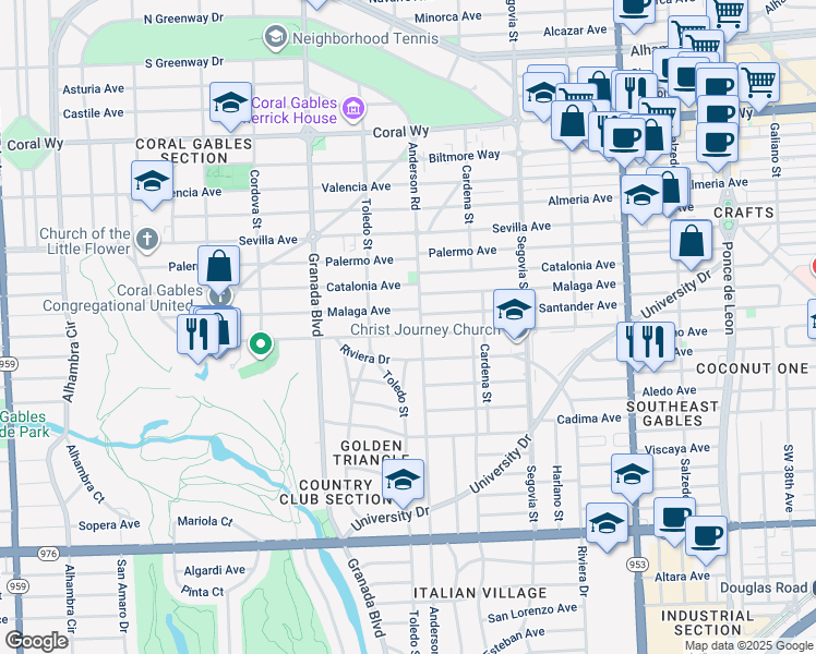 map of restaurants, bars, coffee shops, grocery stores, and more near 810 Anastasia Avenue in Coral Gables