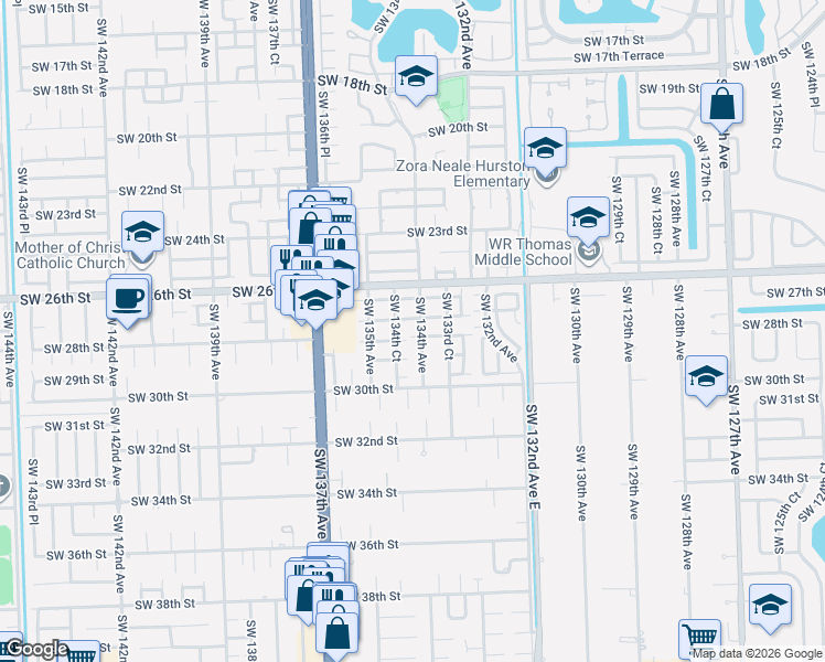 map of restaurants, bars, coffee shops, grocery stores, and more near 13392 Southwest 28th Street in Miami