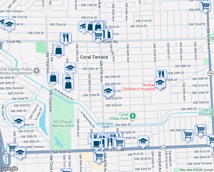 map of restaurants, bars, coffee shops, grocery stores, and more near 6557 Southwest 31st Street in Miami