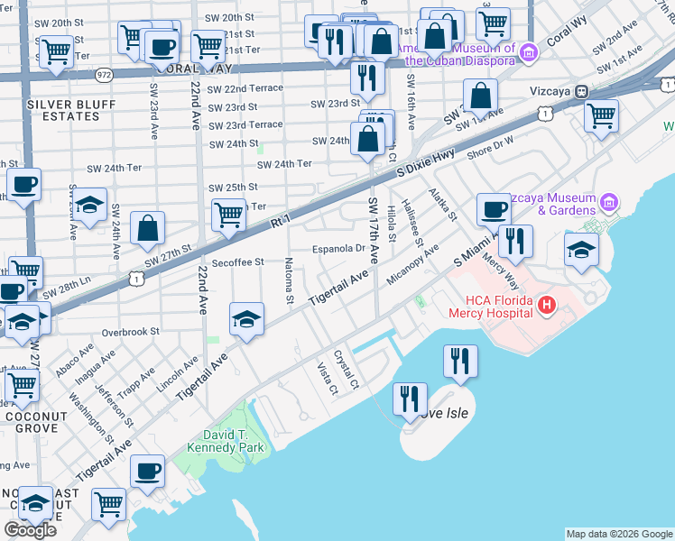map of restaurants, bars, coffee shops, grocery stores, and more near 1750 Tigertail Avenue in Miami