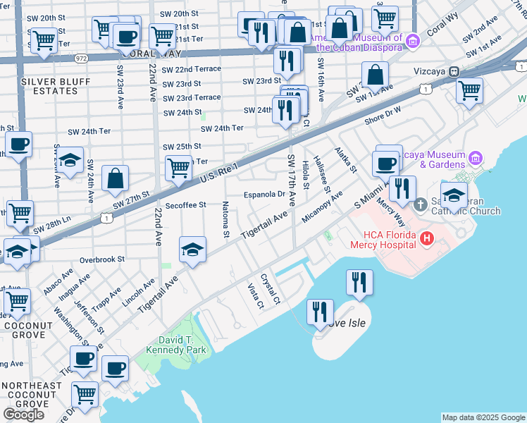 map of restaurants, bars, coffee shops, grocery stores, and more near 1750 Tigertail Avenue in Miami