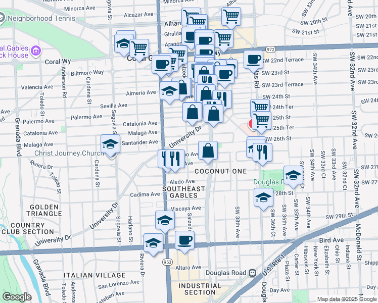 map of restaurants, bars, coffee shops, grocery stores, and more near 300 Romano Avenue in Coral Gables