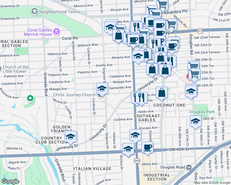 map of restaurants, bars, coffee shops, grocery stores, and more near 519 Anastasia Avenue in Coral Gables