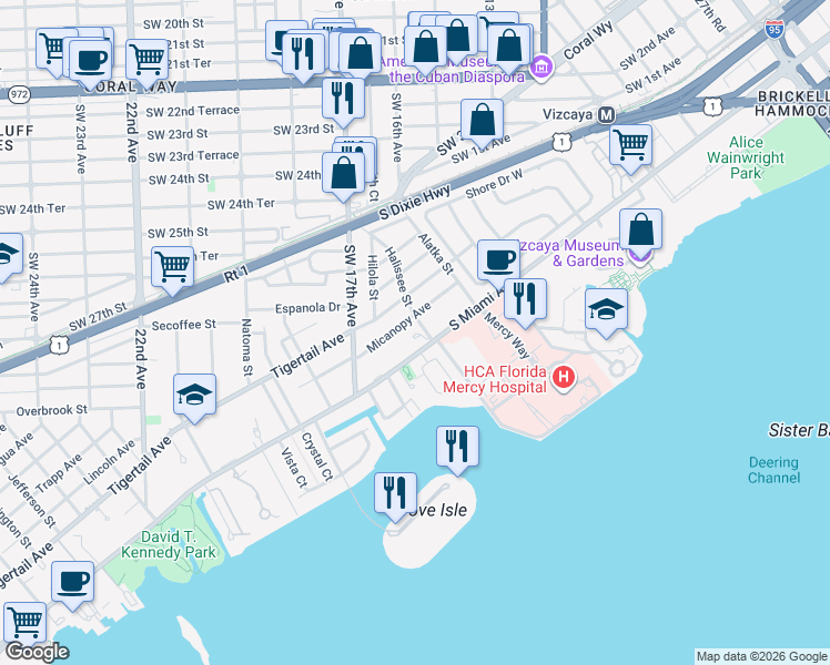 map of restaurants, bars, coffee shops, grocery stores, and more near 1610 South Miami Avenue in Miami