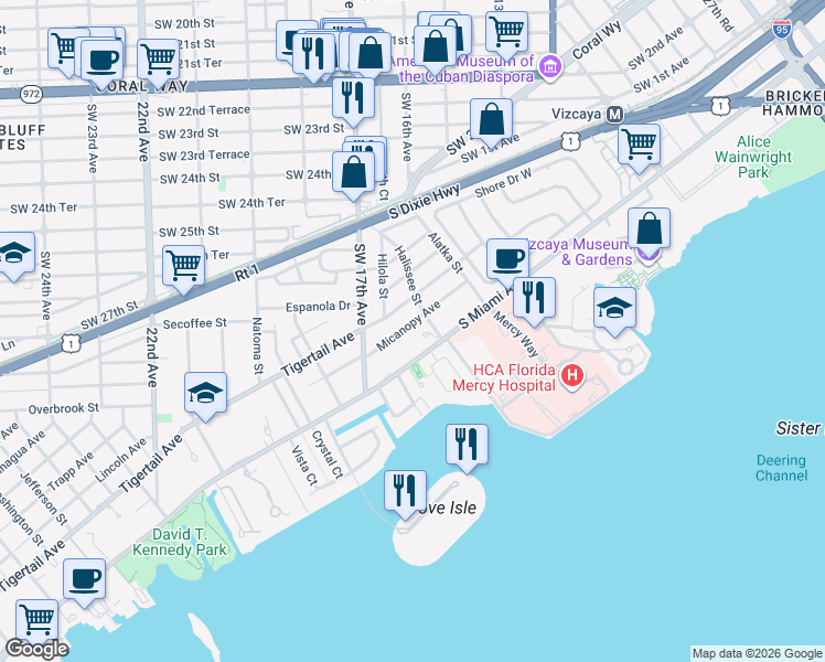 map of restaurants, bars, coffee shops, grocery stores, and more near 1641 South Bayshore Drive in Miami