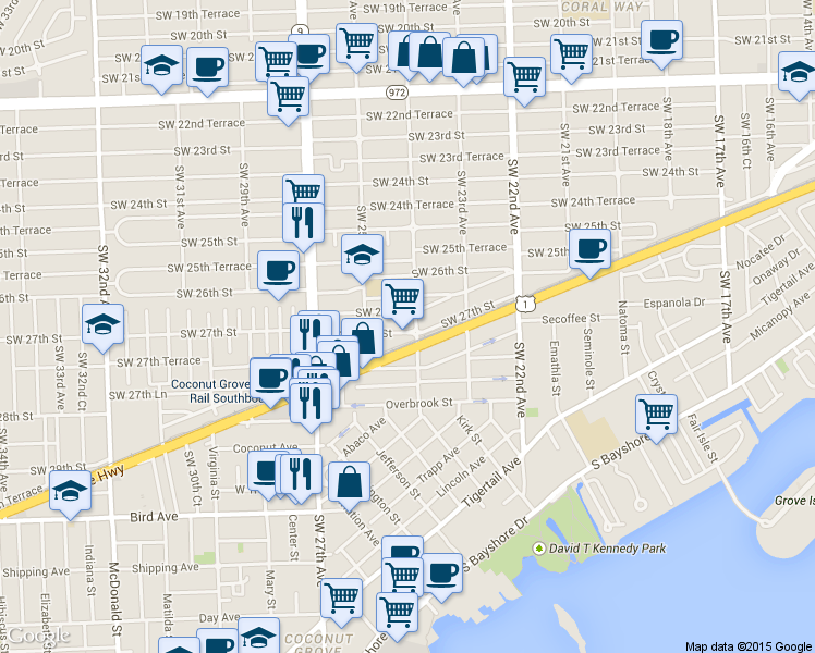 map of restaurants, bars, coffee shops, grocery stores, and more near 2370 South Dixie Highway in Miami