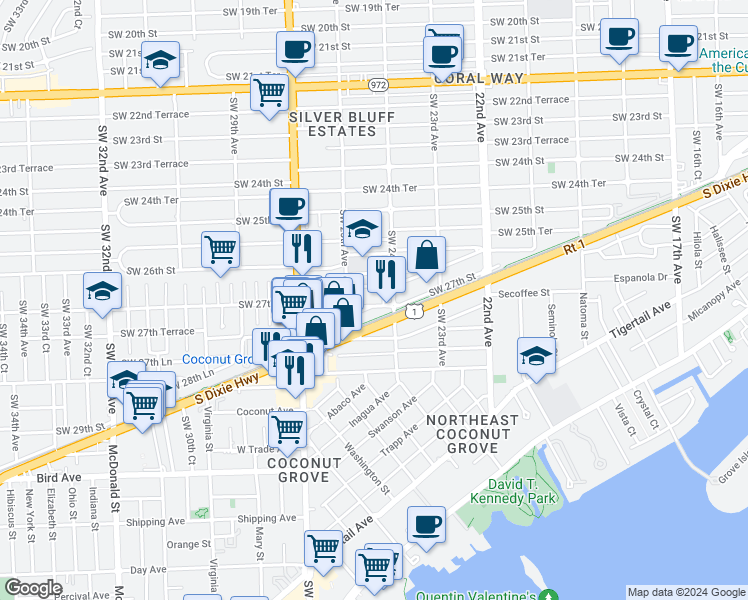 map of restaurants, bars, coffee shops, grocery stores, and more near 2450 Southwest 28th Lane in Miami