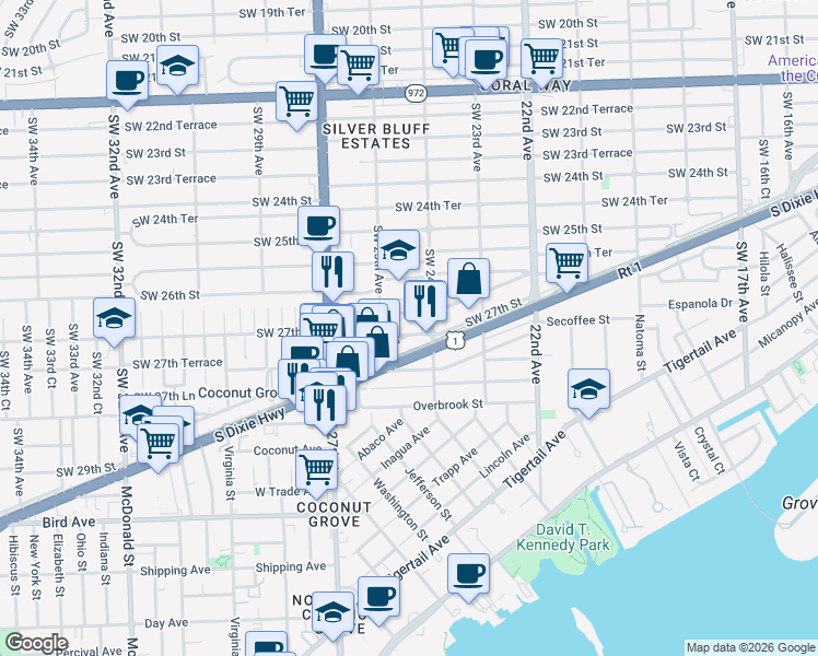 map of restaurants, bars, coffee shops, grocery stores, and more near 2450 Southwest 28th Lane in Miami
