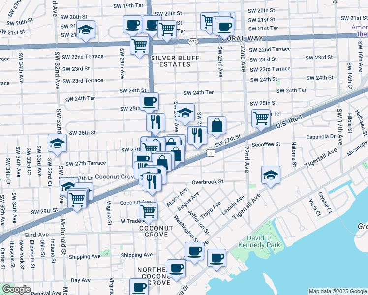 map of restaurants, bars, coffee shops, grocery stores, and more near 2450 Southwest 28th Lane in Miami